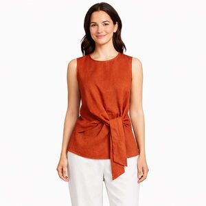 Harve Bénard 100% Linen Rust Orange Sleeveless Top w/ Draping and Tie Detail L